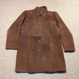 Vinatge LIPS Genuine Suede Leather Jacket Trench Coat 1X Brown Classic Button